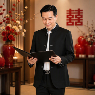 喜爸爸中山装男婚礼爸爸装立领新中式婚宴喜公公礼服套装黑色春秋