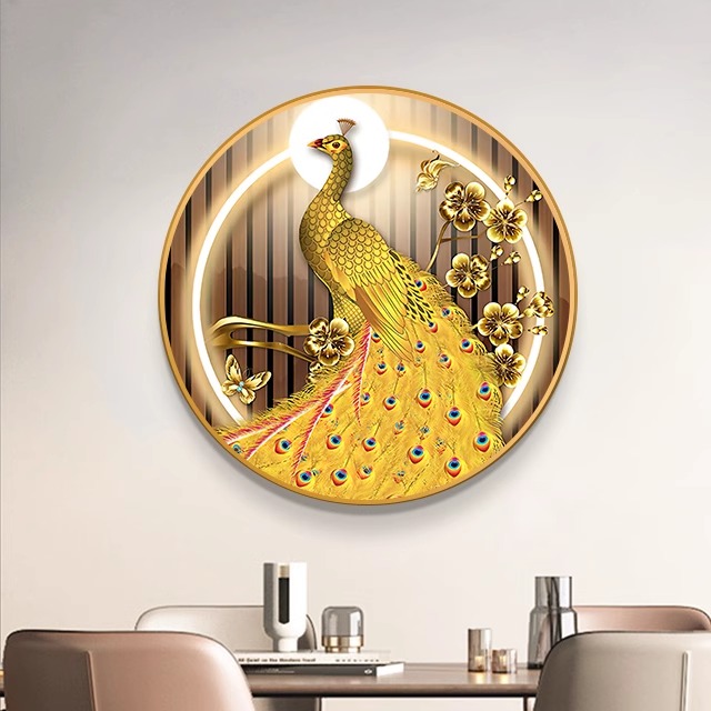 孔雀圆形玄关装饰画轻奢现代高档凤凰图餐厅卧室挂画客厅壁画带灯图片