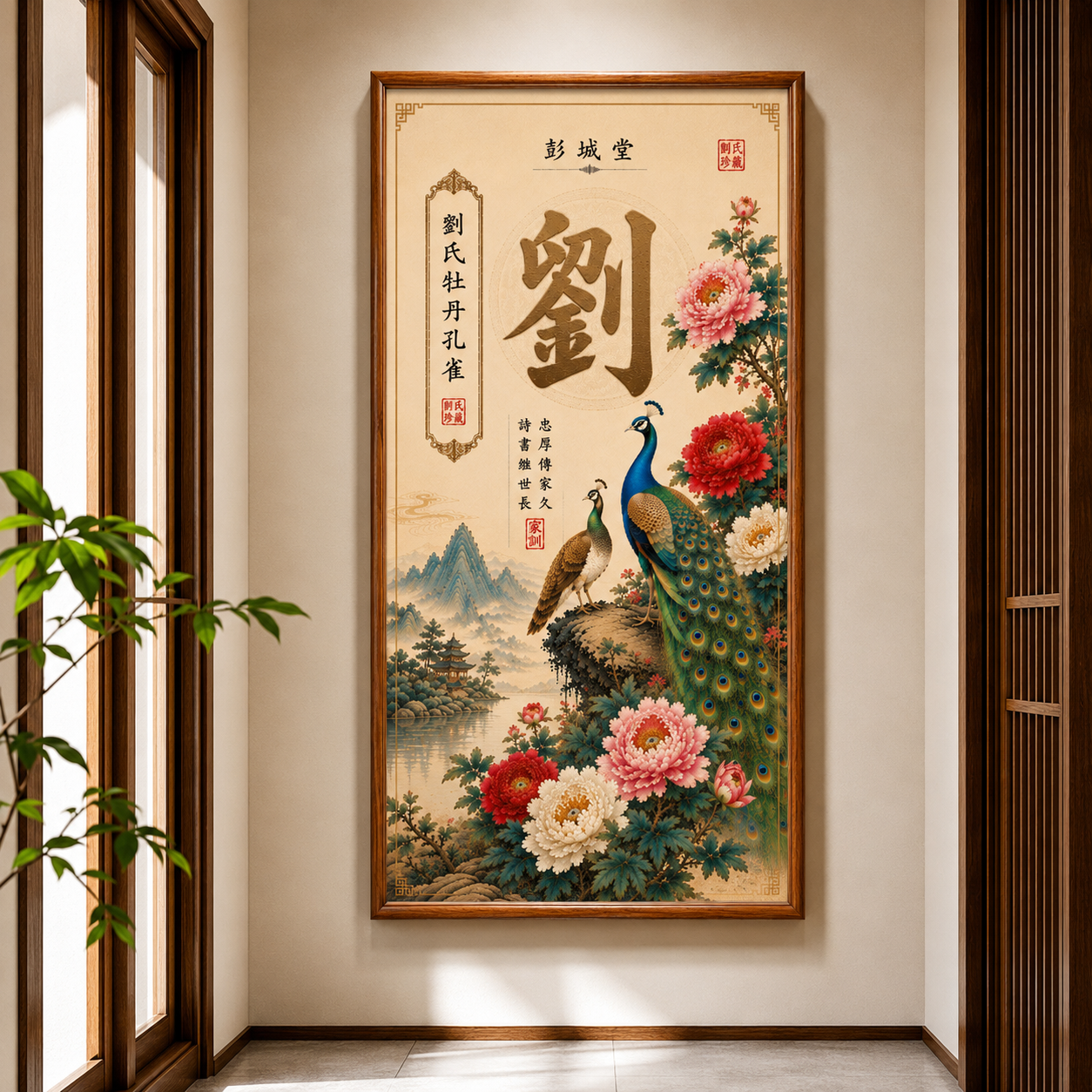  姓氏定制挂画百家姓堂号客厅玄关入户茶室花鸟装饰壁画牡丹孔雀