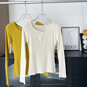 T恤上衣 长袖 rouge周美美 简约知性小纽扣V字微弧线领口修身