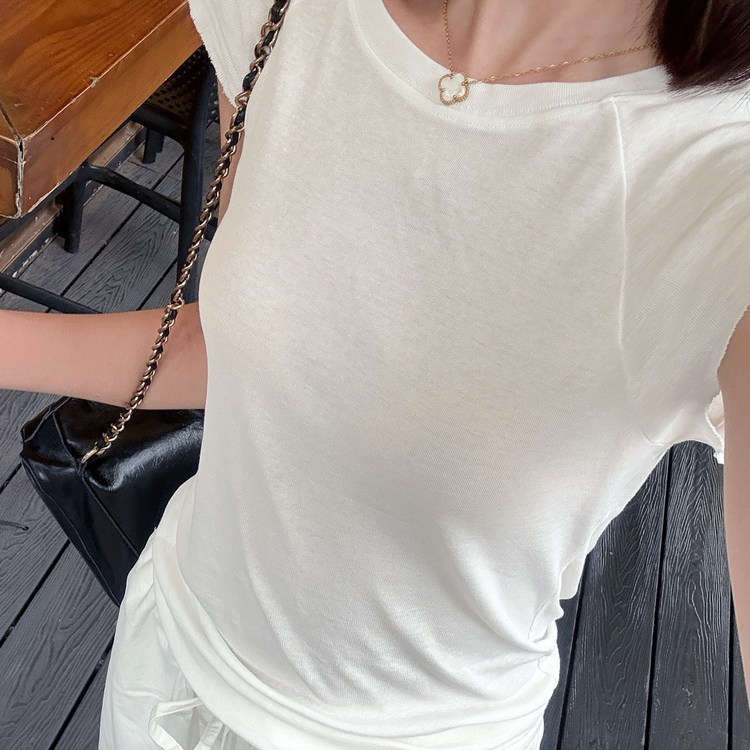 MINI老江 显瘦黑马高弹毛边袖全棉T恤短袖女上衣夏薄款轻奢高级感