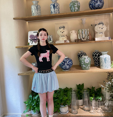 le rouge周美美 卷毛小狗蜜桃小羊可爱辣妹印花修身短袖T恤