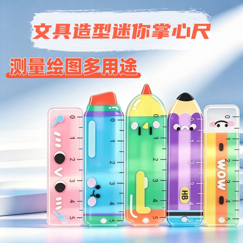 铅笔趣味彩色铅笔造型掌心尺便携小巧高颜值透明学生绘图辅助直尺