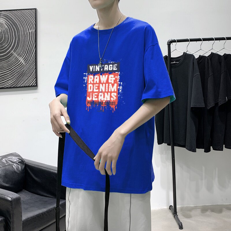 T3471P25港风2023夏新款T恤男宽松T恤落肩港风男T圆领字母印花潮T,男装T恤,星座510A-2