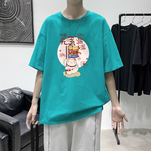 T1919P25情侣装潮牌男士夏季t恤港风室内新款半袖宽松圆领印花t恤,男士短羊毛大衣怎么搭配图片