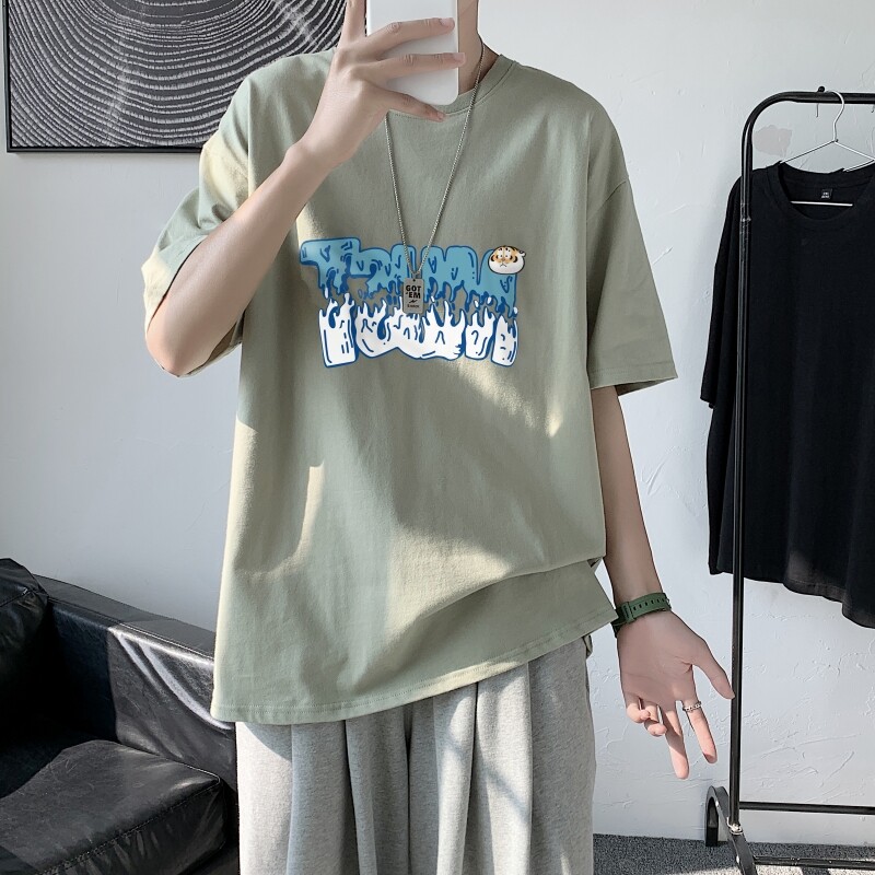 T3414男宽松T恤落肩港风男T仓库正常配送港风2022夏新款T恤图片