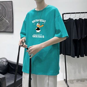 T3416P25男宽松T恤落肩港风男T卡通字母印花T恤港风2023夏新款T恤图片