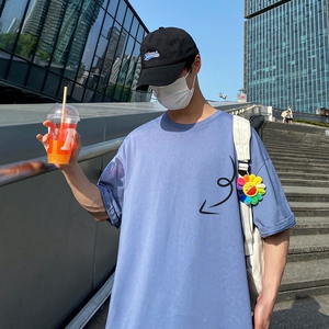 D2129港风室外新款夏季潮牌纯棉衣服ins原宿港风宽松半袖