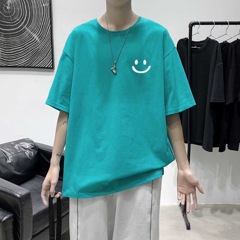 T2252港风室内纯棉男短袖港风对勾后背印花宽松休闲情侣装T恤图片