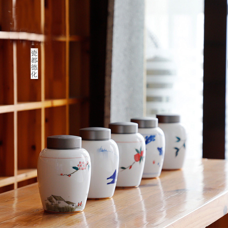 静雅陶瓷手绘白瓷茶叶罐锡盖密封储物罐家用防潮储茶仓龙井茶罐子