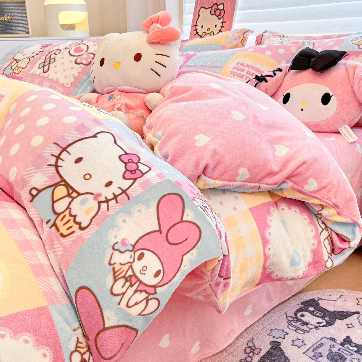 Hellokitty卡通牛奶绒四件套冬季加绒床单被套床笠宿舍儿童三件套