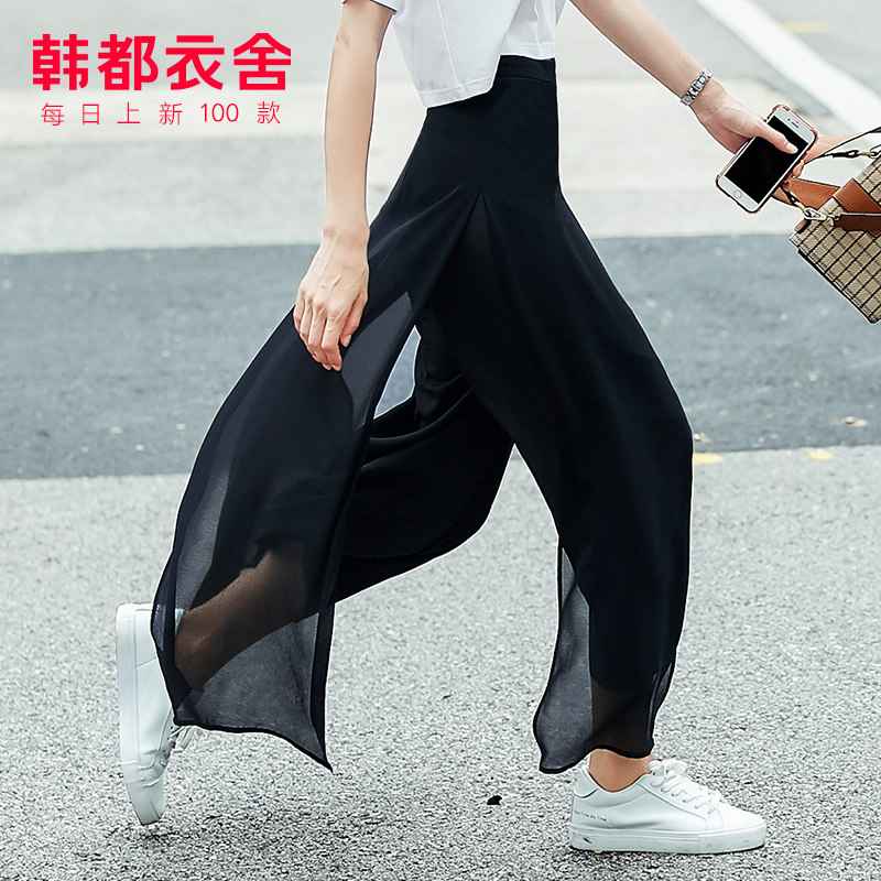 韩都衣舍2019夏装韩版新款女装垂感高腰宽松阔腿休闲裤GQ8844耒