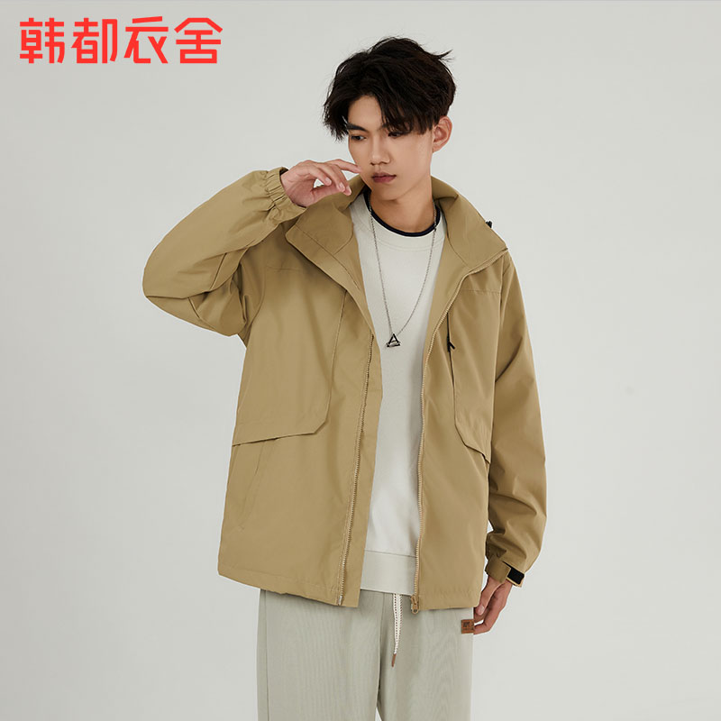 韩都衣舍2023秋冬新款男装上衣纯色连帽外套夹克NZZ0802