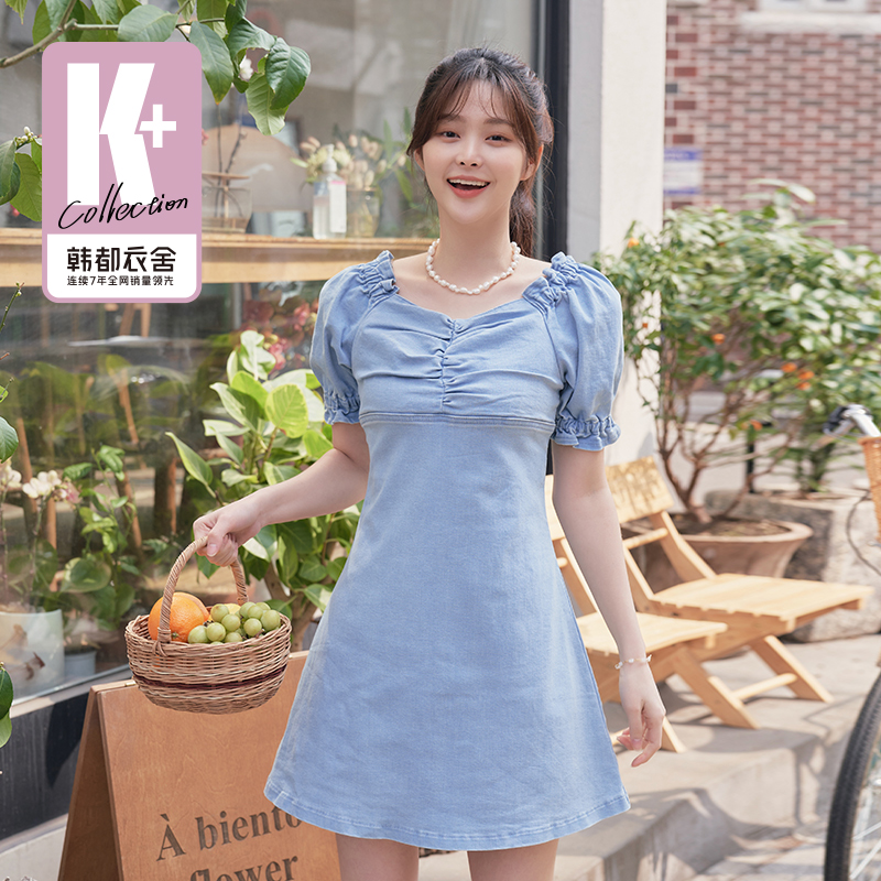 韩都衣舍修身显瘦收腰短袖连衣裙女装2023夏季新款泡泡袖牛仔短裙