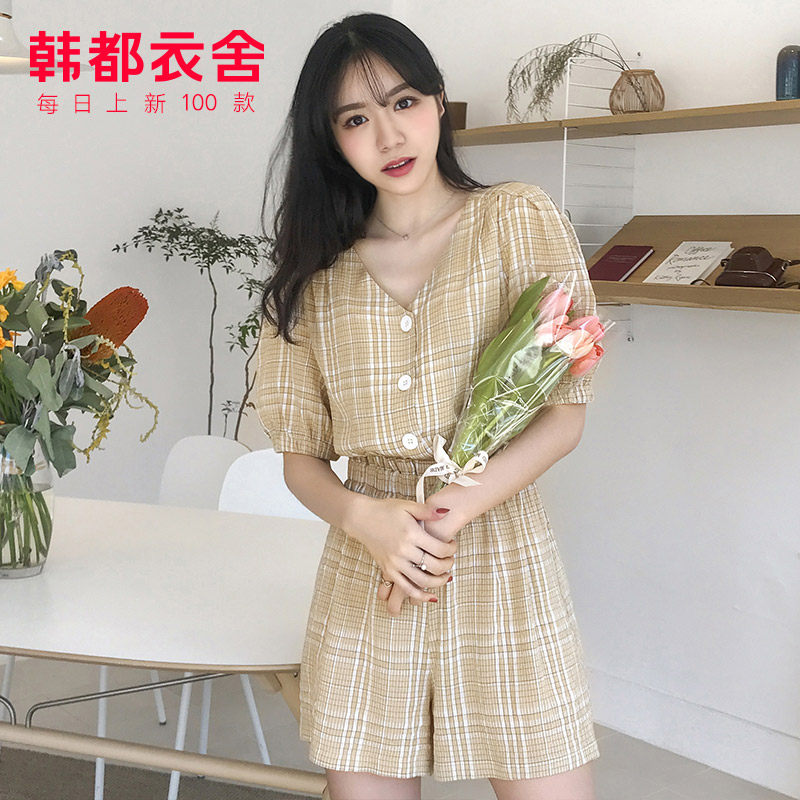 韩都衣舍2019夏装新款韩版女装宽松格子运动连衣休闲裤NG9861茵