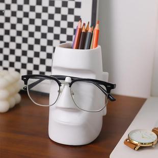 创意摩艾石像笔筒书桌收纳筒艺术感简约眼镜架眉笔眉刷筒桌面摆件