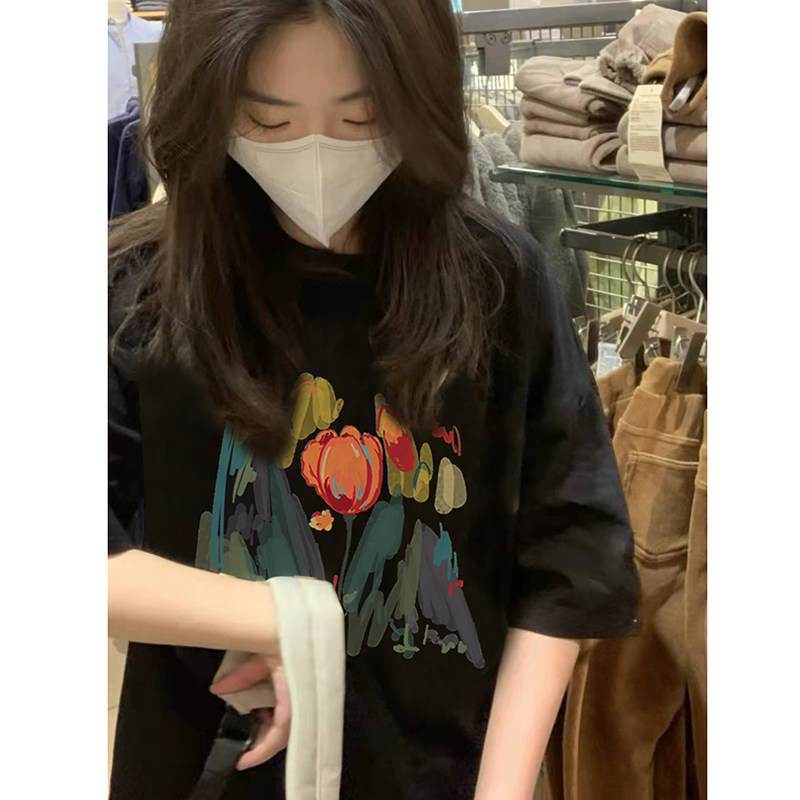 潮牌印花纯棉短袖t恤女夏oversize小众设计感正肩多巴胺穿搭上衣