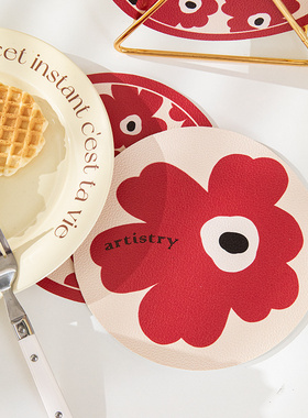 手绘红花高颜值隔热餐垫防油免洗硅胶杯垫免洗PVC小圆形每组四个