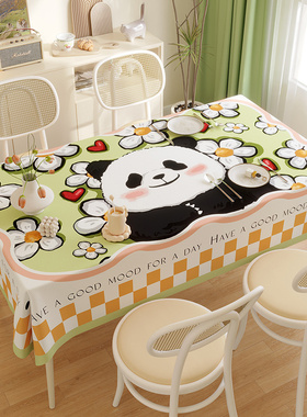 可爱panda熊猫长方形防水餐桌布棉麻卡通格子家用茶几通用防尘布