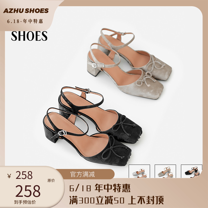 AZHU SHOES新中式鞋方头玛丽珍包头凉鞋粗跟中跟蝴蝶结国风黑色