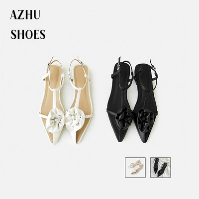 AZHU SHOES手工花朵半包头尖头凉鞋女粗跟平底低跟绝美鞋子配裙子