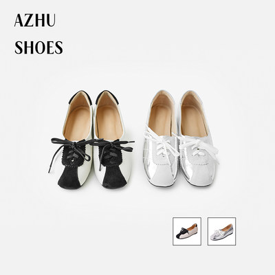 AZHU SHOES 2024夏季新款内增高平底单鞋女拼色圆头系带时尚鞋子