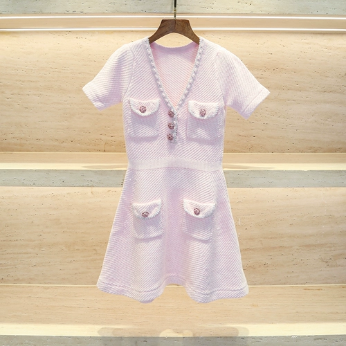 Элитные блестки для ногтей, приталенное трикотажное платье, в стиле Шанель, V-образный вырез