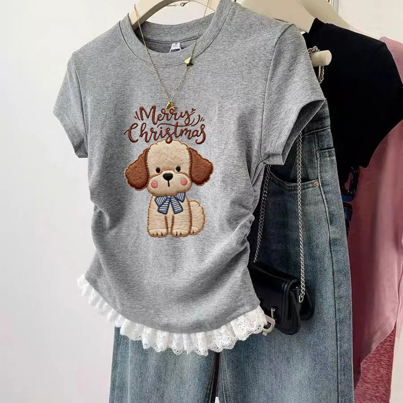 灰色正肩蕾丝短袖t恤女童装2026春夏新款设计感花边短款收腰上衣