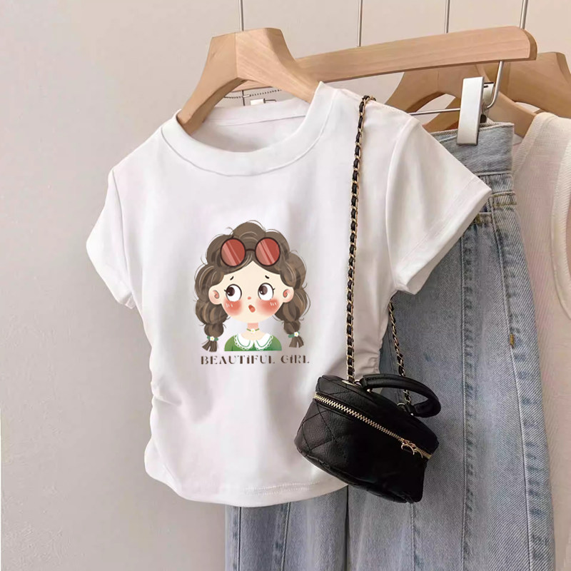 女童短袖t恤2026新款纯棉中大童装夏季圆领上衣百搭印花修身拼色