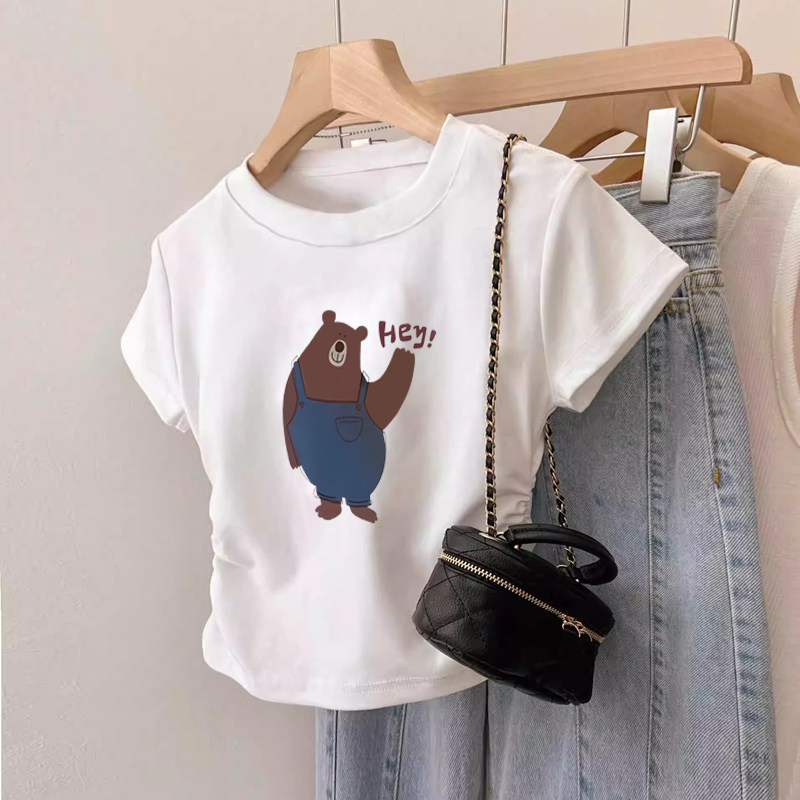 女童短袖T恤2026夏季新款洋气儿童装卡通褶皱中大童短款上衣服潮