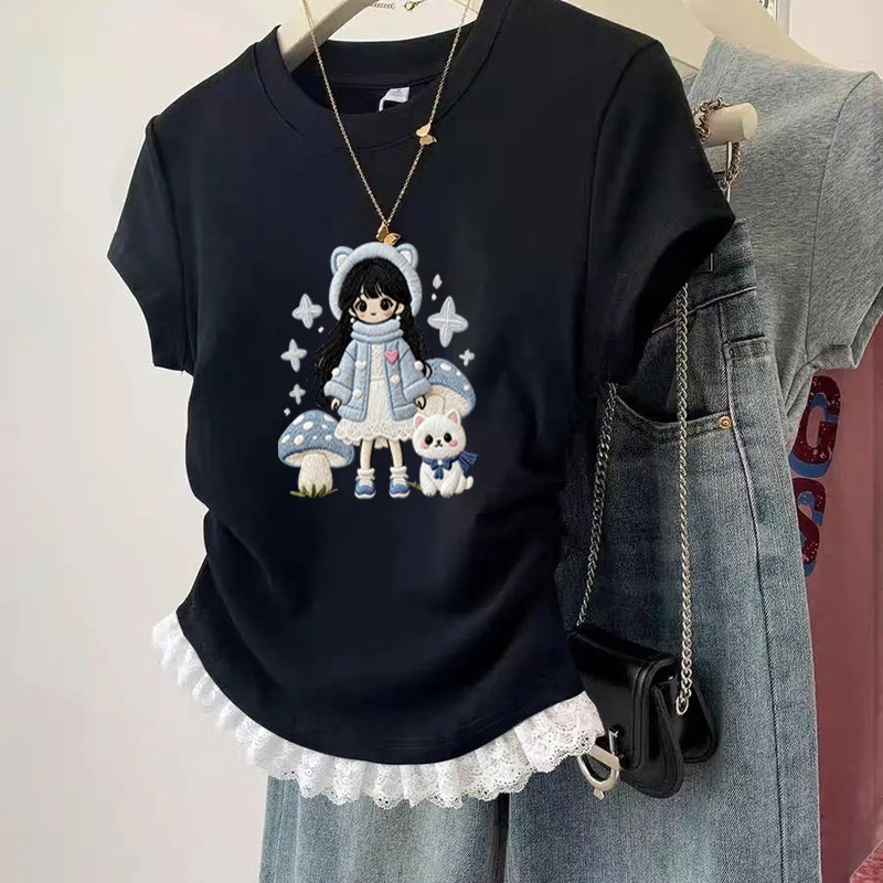 女童花边拼接上衣儿童短袖T恤夏季2026新款洋气女孩纯棉半袖夏潮