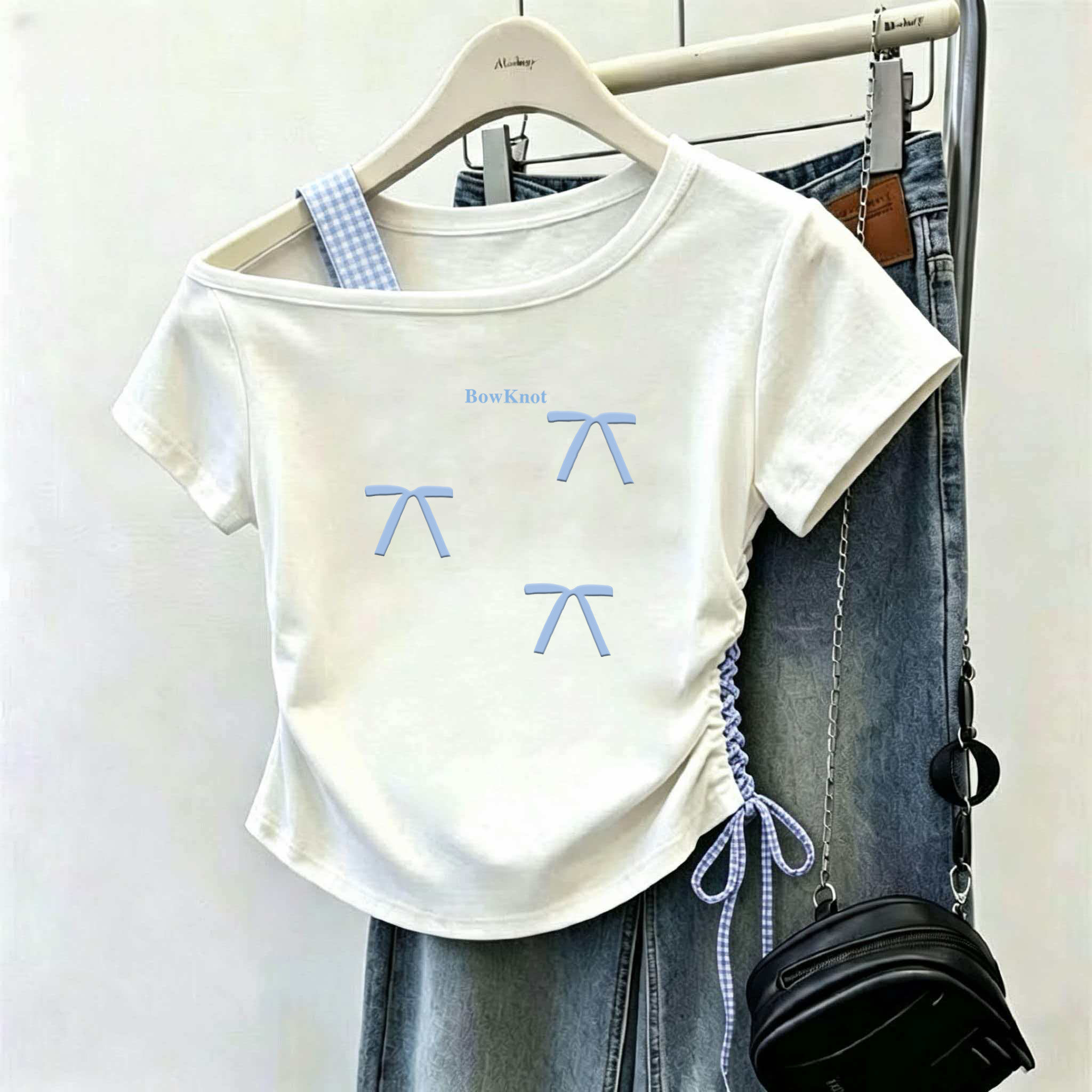 可爱女宝儿童斜肩短袖t恤爆款新款中大童女童露肩吊带抽绳上衣服