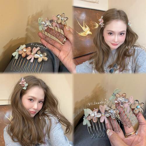 优依家 款式小众不撞款 好材质插梳 复古国风 彩色花朵蝴蝶结发梳