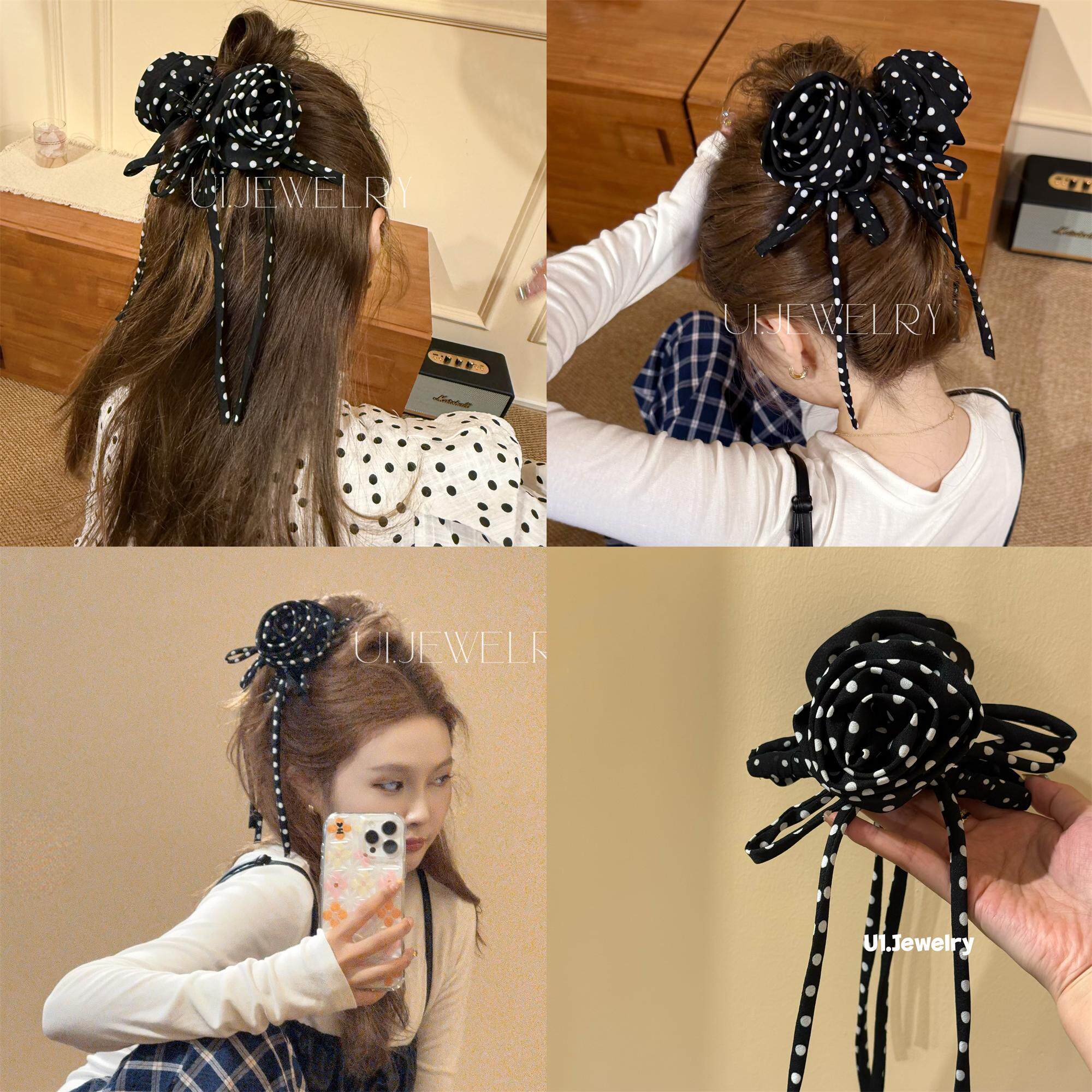 优依家 经典黑白点花朵 时髦飘带吊坠 盘发鲨鱼夹 小众个性抓夹