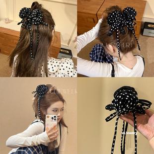 优依家 经典黑白点花朵 时髦飘带吊坠 盘发鲨鱼夹 小众个性抓夹