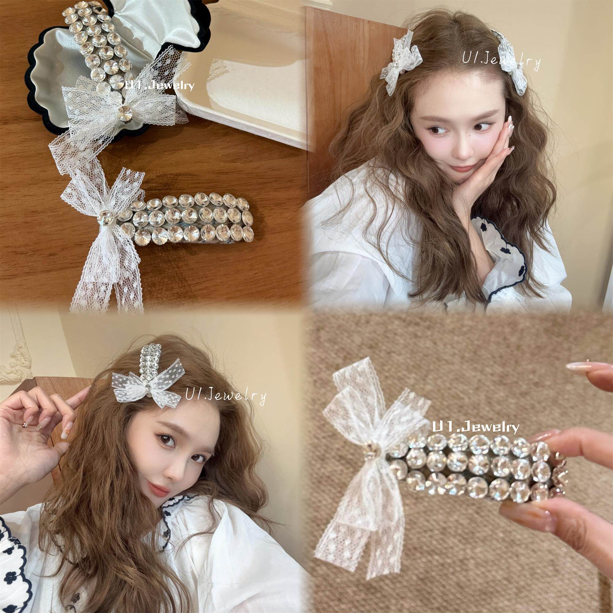 优依家 复古高级闪亮水钻 白色网纱蝴蝶结少女发夹 好看个性边夹