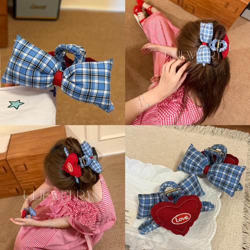 优依家 闭眼入好看鲨鱼夹 两面款式不一样红色爱心格子蝴蝶结抓夹