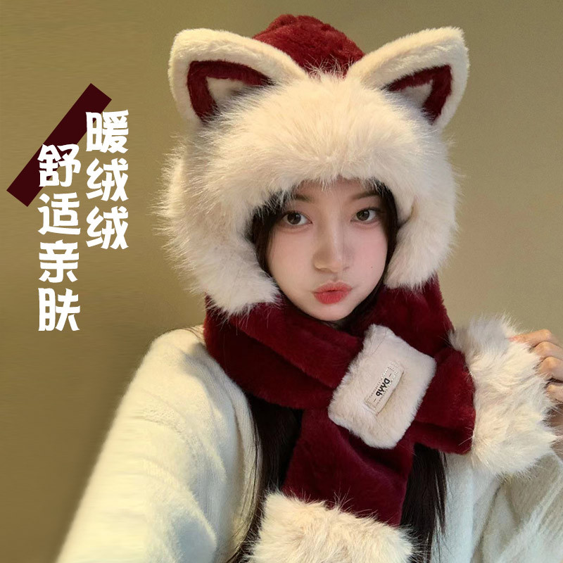 可爱狐狸耳朵毛绒帽子女秋冬帽子围脖一体学生保暖防寒护耳雷锋
