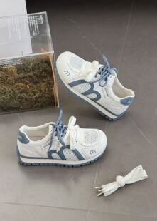 茵茵家2026春夏韩版真皮拼色网面圆头系带平底休闲鞋女百搭德训鞋