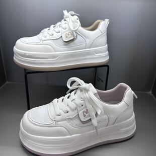 茵茵家2026春秋新款真皮圆头网面系带松糕底小白鞋女防滑休闲鞋潮