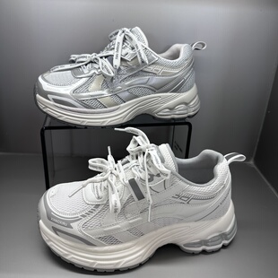 茵茵家2026春秋季韩版真皮学生圆头网面松糕底老爹鞋女轻便慢跑鞋