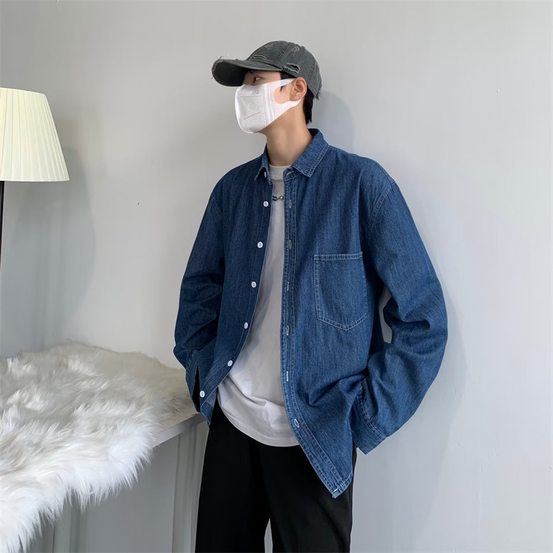蓝色牛仔衬衫男女韩版宽松春秋新款日系复古宽松百搭长袖衬衣男女