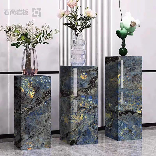 蓝翡翠岩板花架底座大理石纹客厅边几电视柜旁酒店展厅装饰摆件