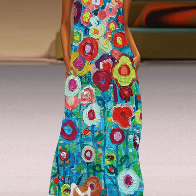 外贸新款高端油画效果立体印花宽下摆女装长款V领及踝无袖连衣裙