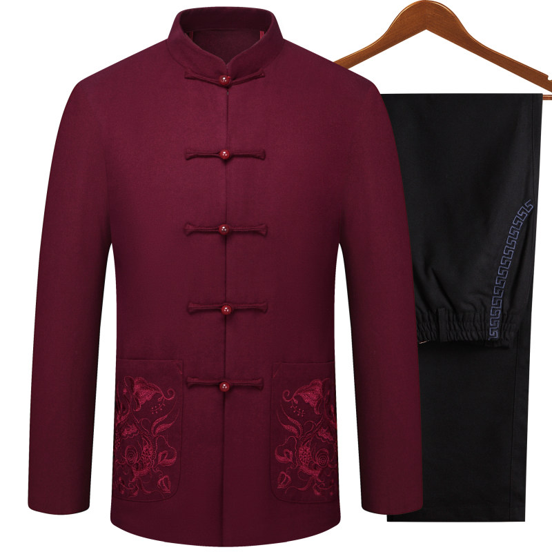 春秋季中老年男士唐装羊毛呢子外套中国风中式立领刺绣夹克居士服