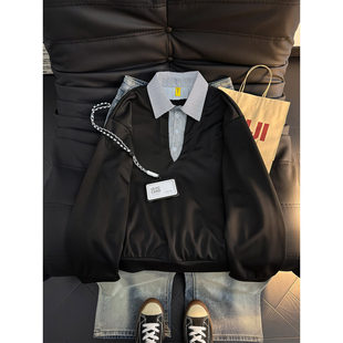 简约衬衫领假两件长袖正肩卫衣男生春季宽松高级感拼接体恤上衣潮