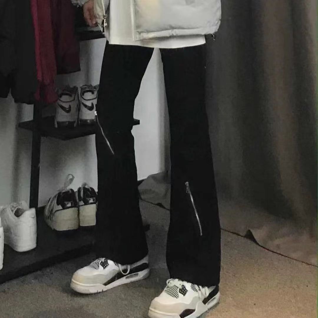 美式秋冬黑色微喇牛仔裤子男女款潮牌vibe修身显瘦多拉链直筒长裤