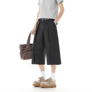 宽松高级垂感褶皱直筒阔腿休闲短裤 薄款 男生夏季 黑色简约七分西裤