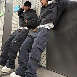 深灰色褶皱弯刀工装裤男款春秋多口袋直筒伐木裤子休闲阔腿牛仔裤