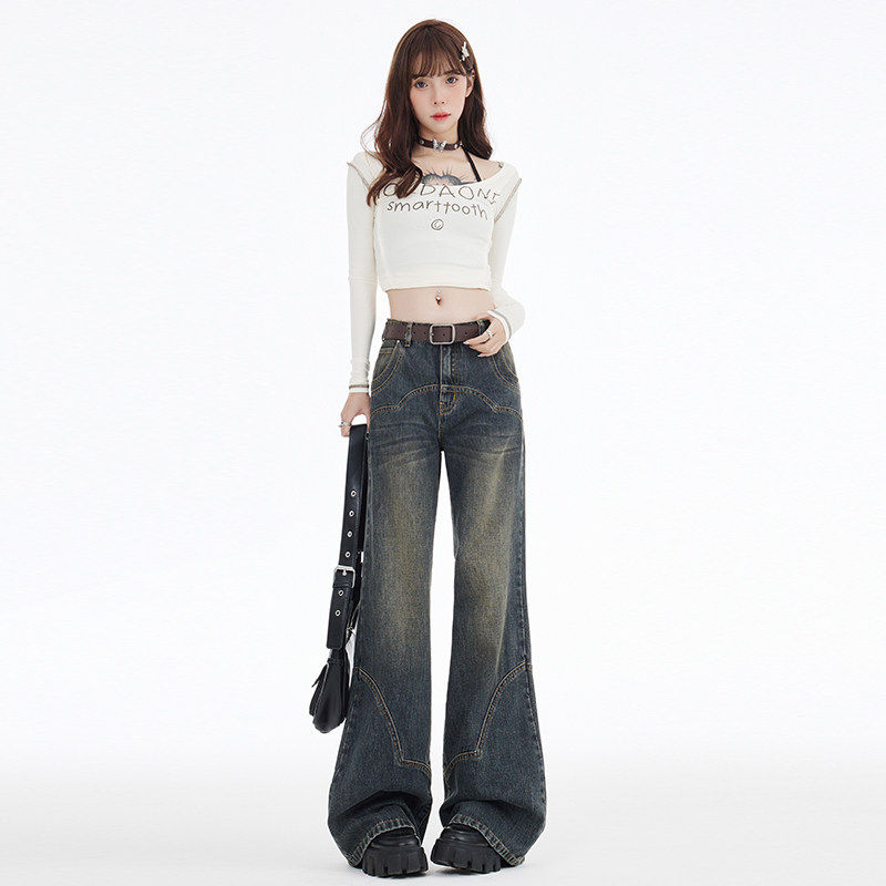 美式覆古高腰阔腿微喇牛仔裤女春秋新款高腰宽松显瘦辣妹拖地裤子